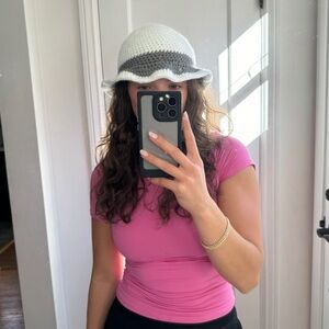 white and grey handmade crochet bucket hat!